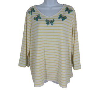 Quacker Factory V-Neck Striped 3/4 Sleeve Flip Cuff Sequin Butterfly Shirt Sz 1X